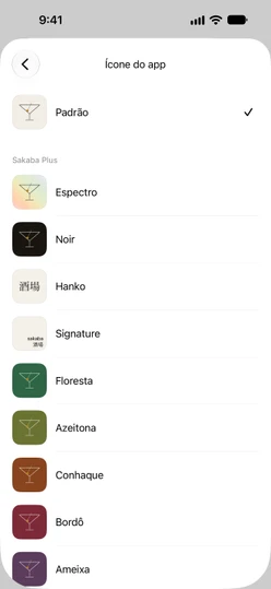 Configurações → Ícone do app: Padrão no topo e os ícones do Sakaba Plus abaixo