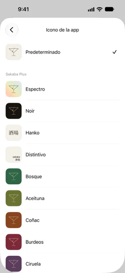 Ajustes → Icono de la app: Predeterminado arriba y los iconos de Sakaba Plus debajo
