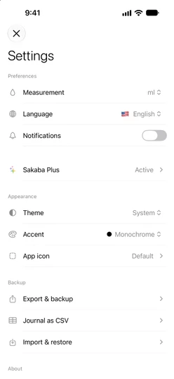 Settings with Sakaba Plus active and the Backup section: Export & backup, Journal as CSV, Import & restore
