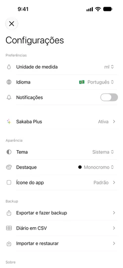 Configurações com o Sakaba Plus ativo e a seção Backup: Exportar e fazer backup, Diário em CSV, Importar e restaurar