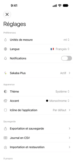 Les Réglages avec Sakaba Plus actif et la section Sauvegarde : Exportation et sauvegarde, Journal en CSV, Importation et restauration