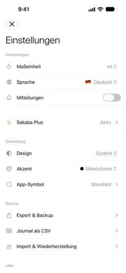 Einstellungen mit aktivem Sakaba Plus und dem Bereich „Backup“: Export & Backup, Journal als CSV, Import & Wiederherstellung