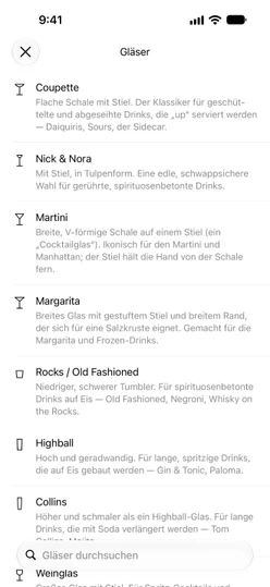 Die Liste „Gläser“ mit Zeichnungen und einer kurzen Erklärung zu jedem Glas