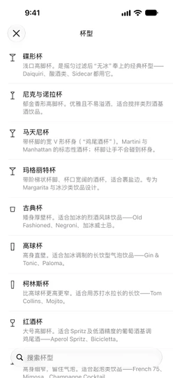 杯型列表:每种杯子都有插图和简短说明