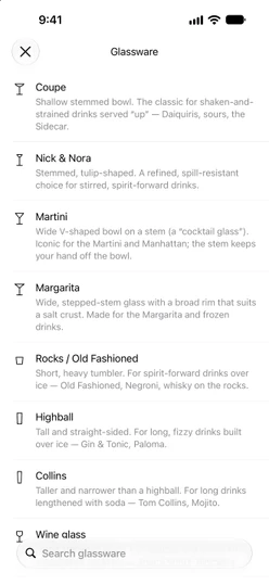 The Glassware list with drawings and a short explanation of each glass