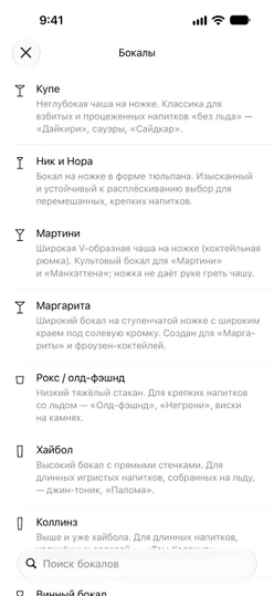 Список «Бокалы» с рисунками и коротким объяснением каждого бокала