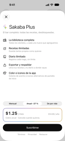 La pantalla de Sakaba Plus con Anual seleccionado, la tarjeta de precio, Suscribirse y Términos · Privacidad · Restaurar