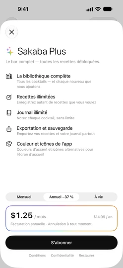 L’écran Sakaba Plus avec Annuel sélectionné, la carte de prix, S’abonner et Conditions · Confidentialité · Restaurer