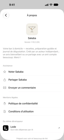 Réglages → À propos de Sakaba avec Noter Sakaba, Partager Sakaba et Envoyer un commentaire