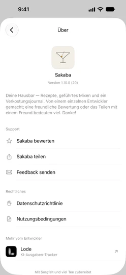 Einstellungen → Über Sakaba mit „Sakaba bewerten“, „Sakaba teilen“ und „Feedback senden“
