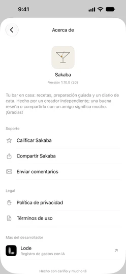 Ajustes → Acerca de Sakaba con Calificar Sakaba, Compartir Sakaba y Enviar comentarios
