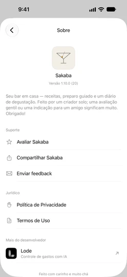 Configurações → Sobre o Sakaba com Avaliar Sakaba, Compartilhar Sakaba e Enviar feedback