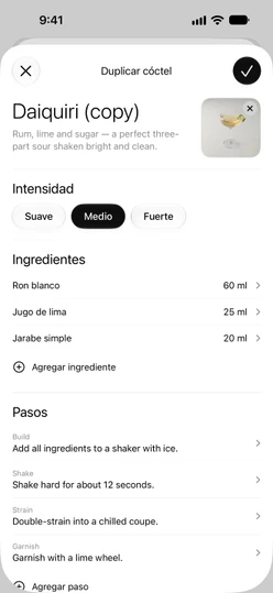 El editor de recetas completado desde Duplicar y editar: nombre, descripción, foto, Intensidad, ingredientes y pasos