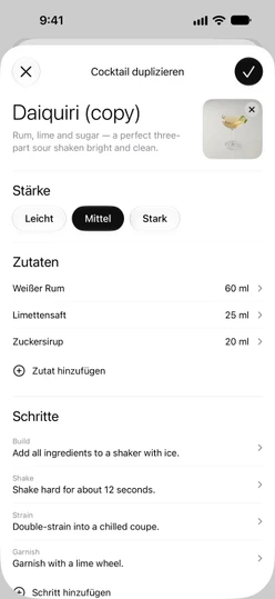 Der Rezepteditor, ausgefüllt über „Duplizieren & bearbeiten“: Name, Beschreibung, Foto, Stärke, Zutaten und Schritte