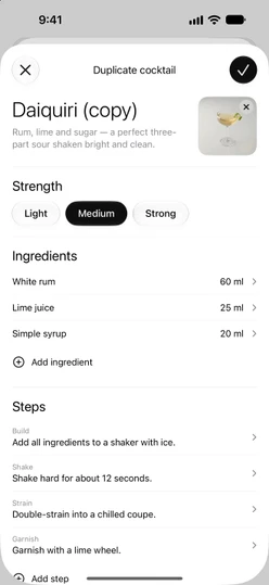 The recipe editor filled in from Duplicate & edit: name, description, photo, Strength, ingredients and steps