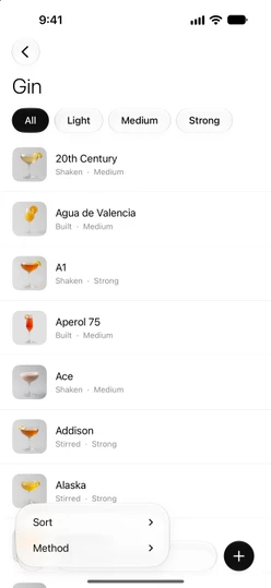 The Gin list with the strength bar on top and the filter menu open