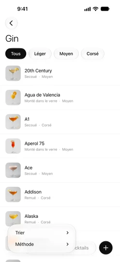 La liste Gin avec la barre de force en haut et le menu de filtres ouvert
