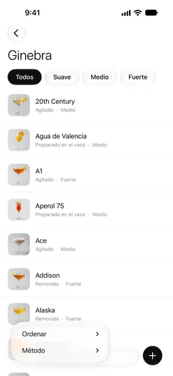 La lista de Ginebra con la barra de intensidad arriba y el menú de filtros abierto