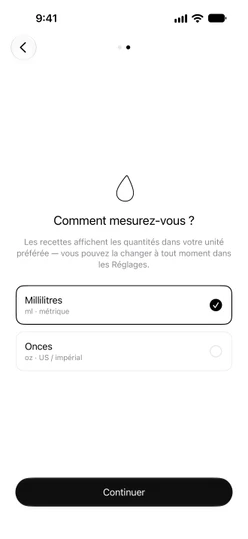 L’écran de configuration « Comment mesurez-vous ? » avec Millilitres sélectionné