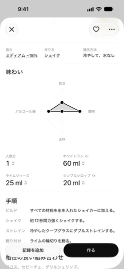 Daiquiri (ダイキリ)のレシピにある味わいチャート。下に人数分と材料の分量が表示されています