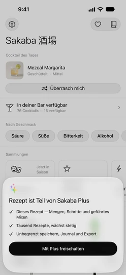 Das Sheet „Rezept ist Teil von Sakaba Plus“ mit dem Button „Mit Plus freischalten“