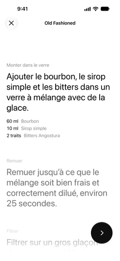 La préparation guidée d’un Old Fashioned : l’étape Monter dans le verre avec ses trois quantités