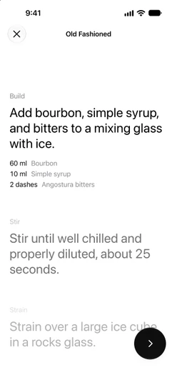 Guided mixing for an Old Fashioned: the Build step with its three amounts