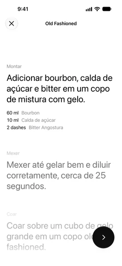 Preparo guiado de um Old Fashioned: a etapa Montar com suas três quantidades