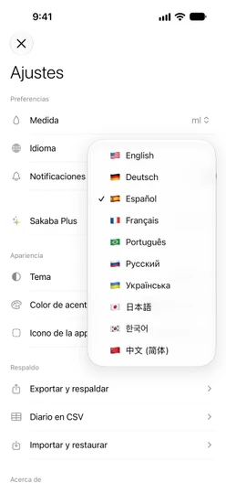 Ajustes con el menú Idioma abierto, que muestra los 10 idiomas