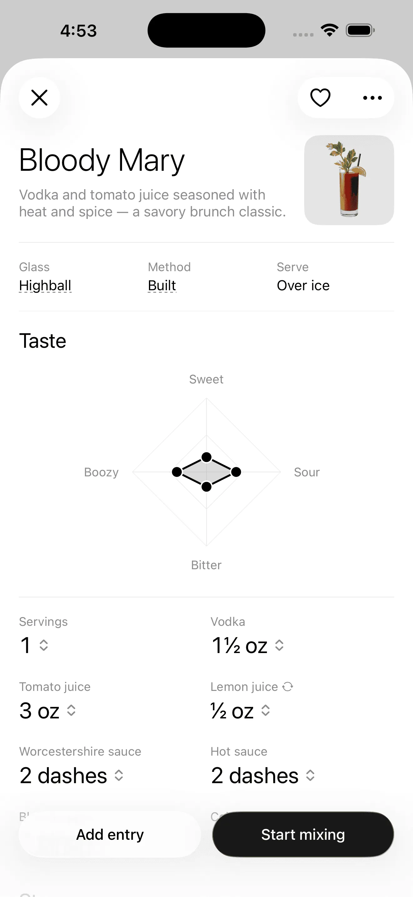 The Bloody Mary recipe in ounces with its flavor radar