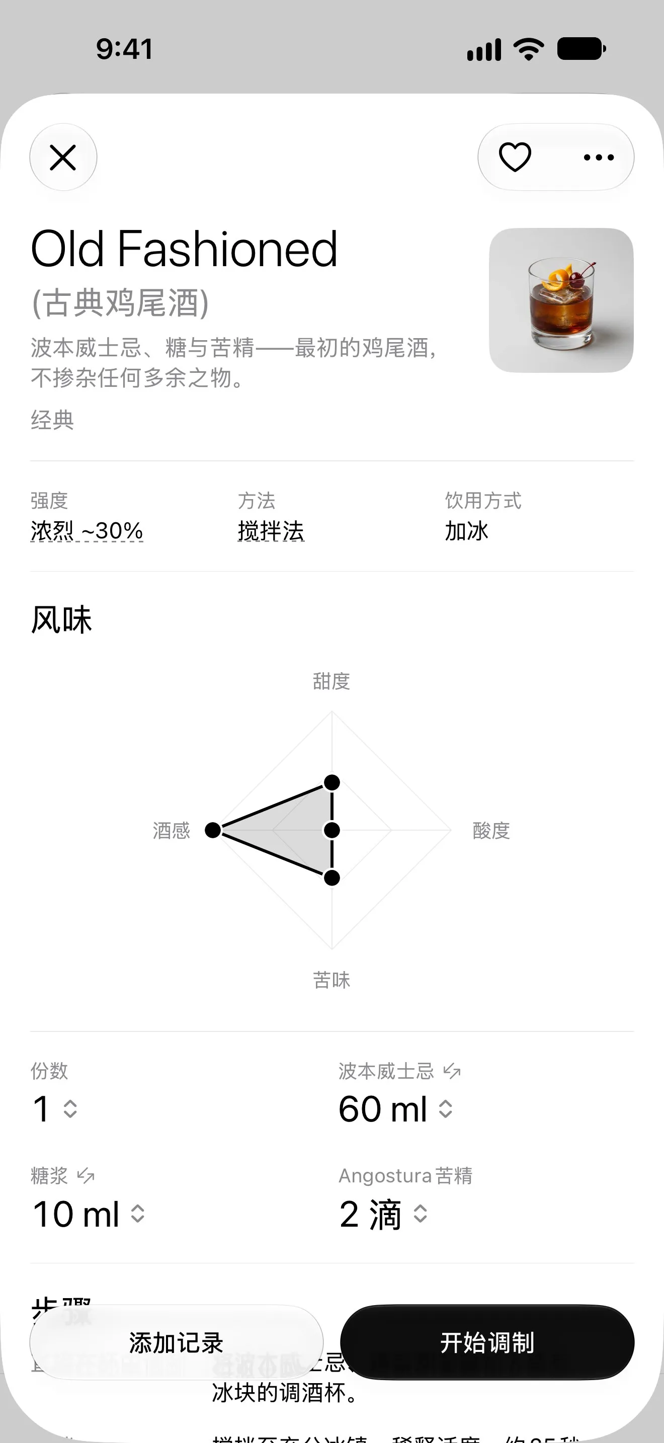 Old Fashioned 的配方及其风味雷达图