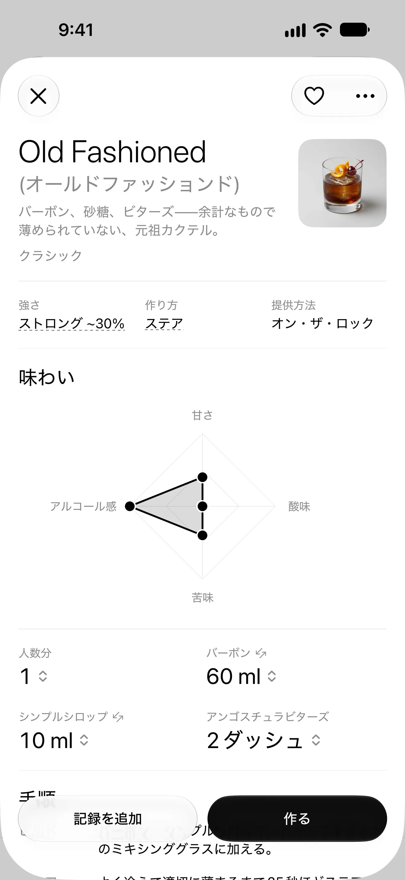 フレーバーレーダー付きのOld Fashionedのレシピ