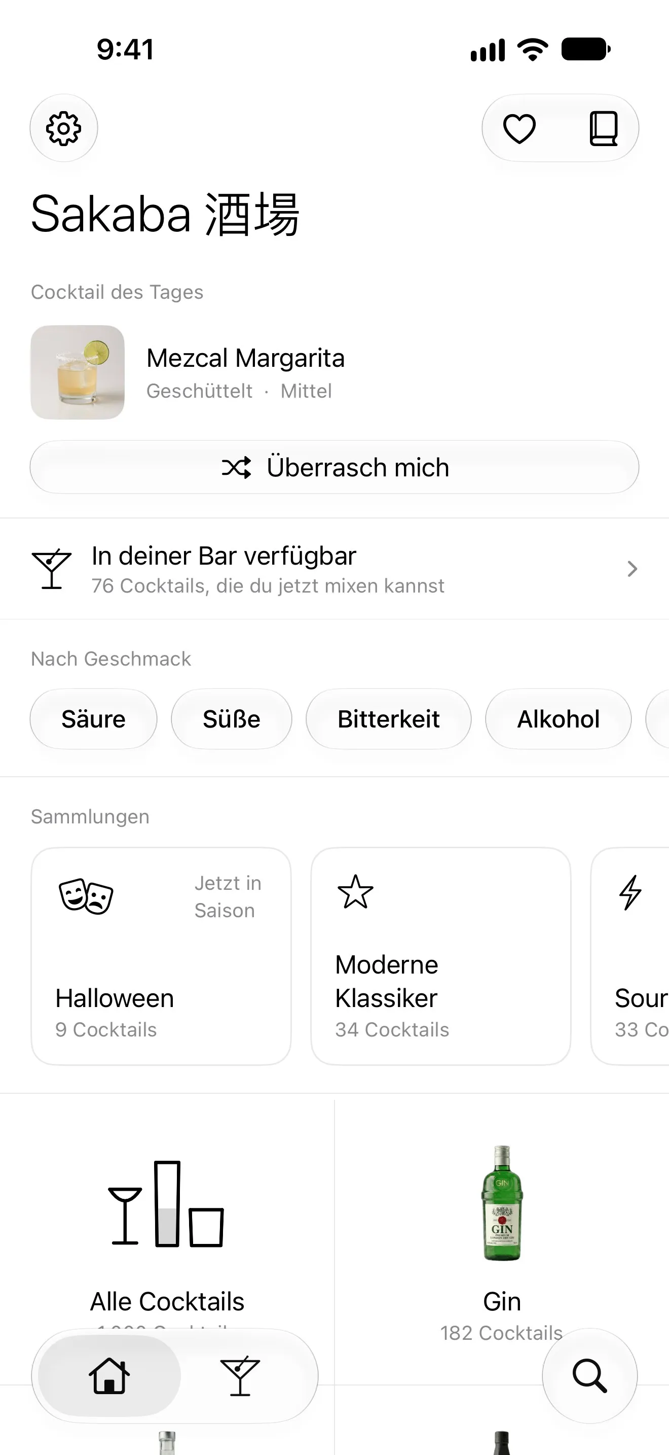 Der Startbildschirm von Sakaba auf einem iPhone in der Hand: Cocktail des Tages, was deine Bar hergibt, Rezepte nach Geschmack und Sammlungen