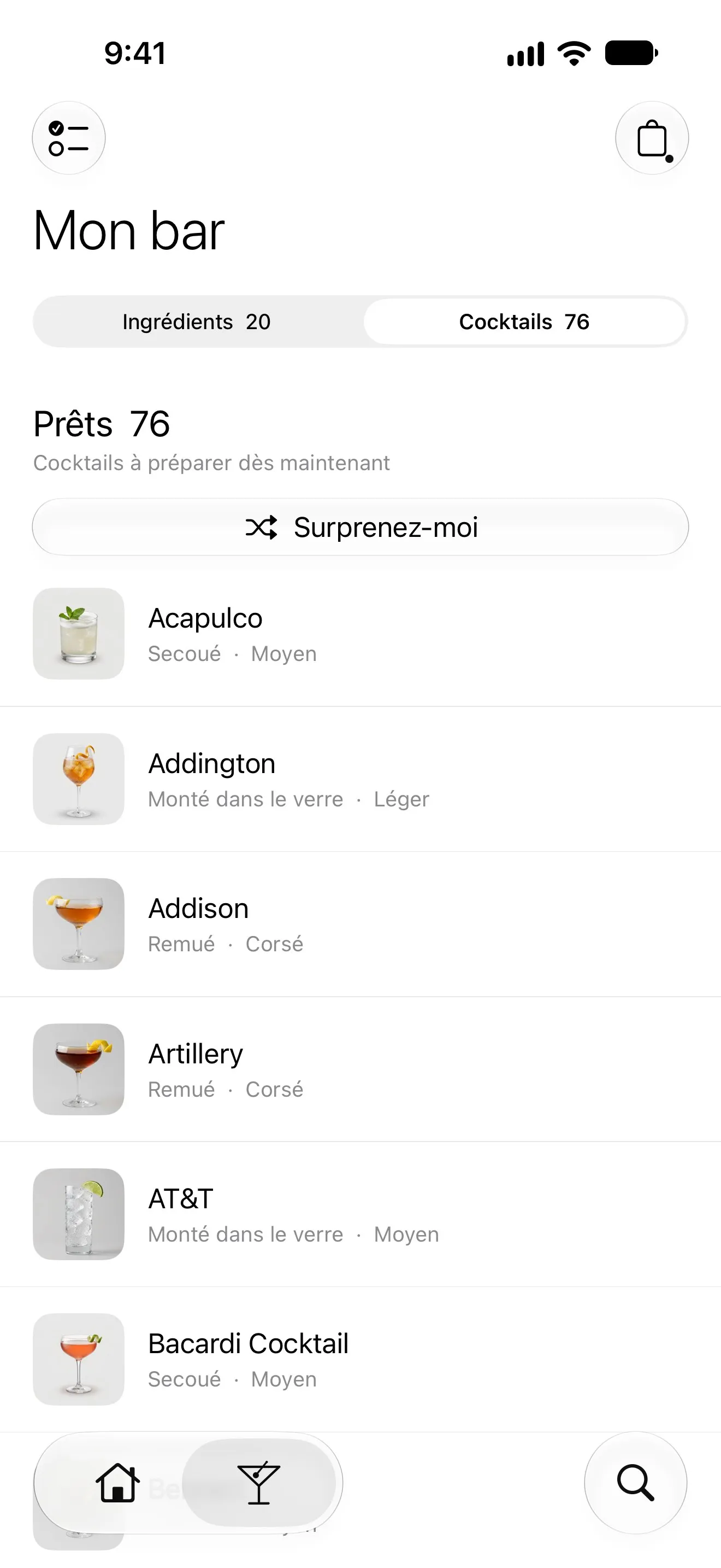 Mon bar : 76 cocktails réalisables avec les bouteilles que vous avez
