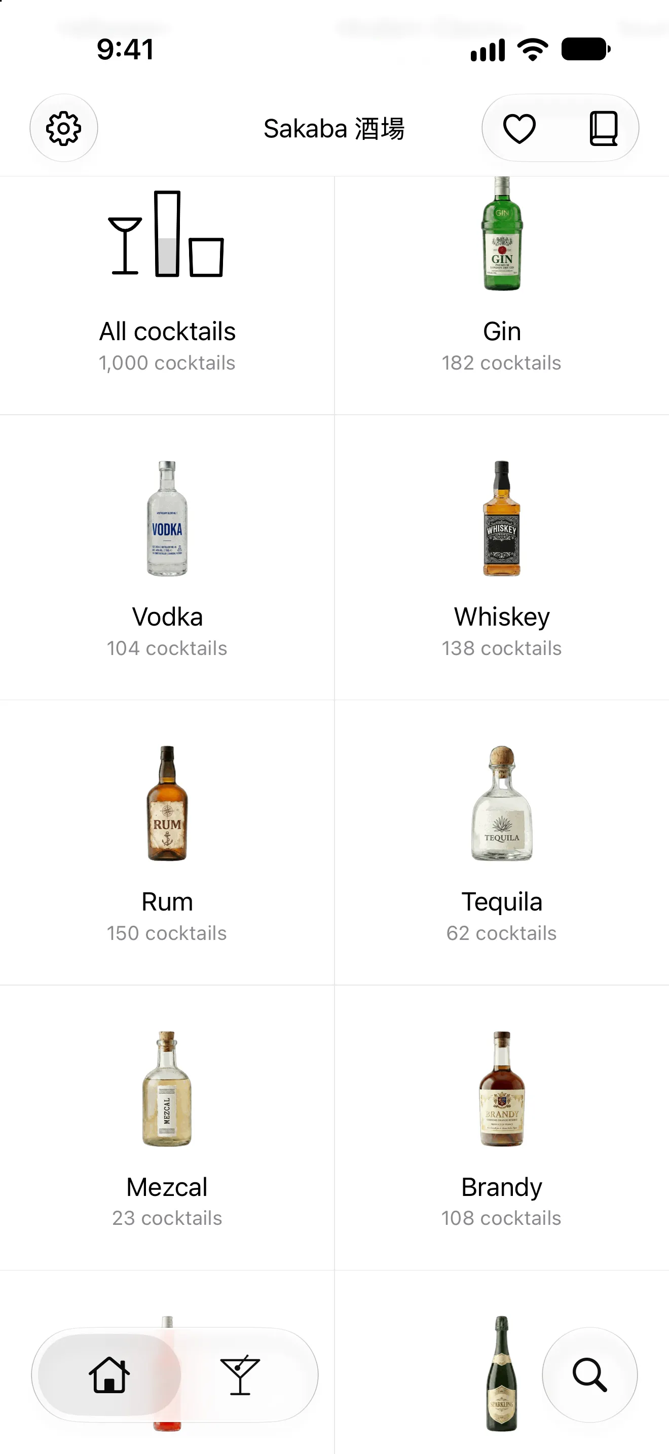 Sakaba’s Home grid of spirits: all 1,000 cocktails, Gin, Vodka, Whiskey, Rum, Tequila, Mezcal and Brandy