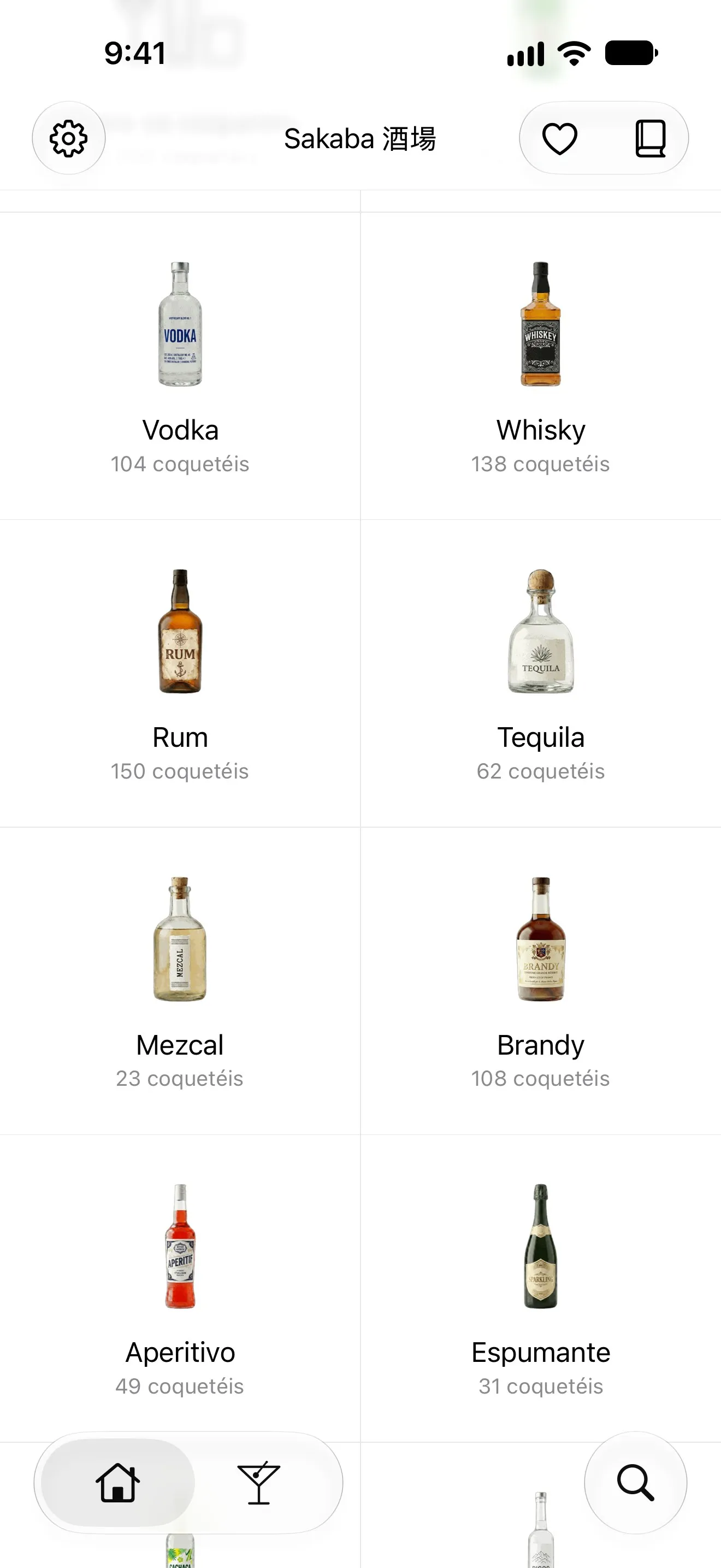 A grade de destilados da tela Início do Sakaba: todos os 1.000 coquetéis, Gin, Vodka, Whisky, Rum, Tequila, Mezcal e Brandy