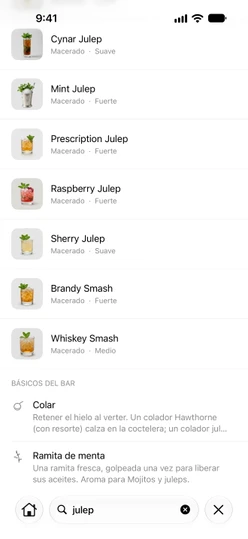 La pestaña Buscar con “julep” escrito: primero los cócteles y después los términos de Básicos del bar
