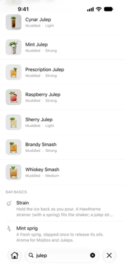 The Search tab with “julep” typed: cocktails first, then Bar basics terms