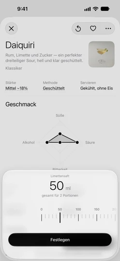 Das Sheet für Limettensaft bei einem Daiquiri mit 2 Portionen: insgesamt 50 ml und das Lineal