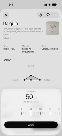 A folha de Suco de limão em um Daiquiri definido para 2 porções: 50 ml no total e a régua