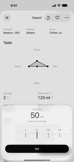 The Lime juice sheet on a Daiquiri set to 2 servings: 50 ml total and the ruler