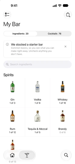 My Bar → Ingredients with the starter bar note and the Spirits cards