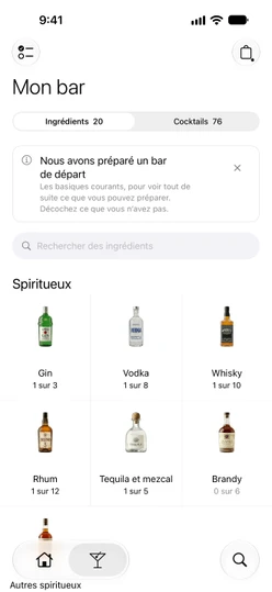Mon bar → Ingrédients avec la note du bar de départ et les cartes Spiritueux