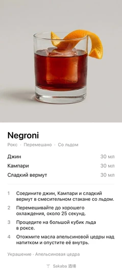 Карточка рецепта, которую Sakaba создаёт, когда вы делитесь Negroni (Негрони)