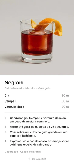 O cartão de receita que o Sakaba gera quando você compartilha um Negroni