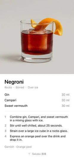 The recipe card Sakaba makes when you share a Negroni