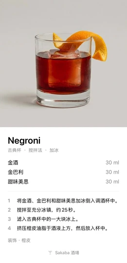 分享 Negroni（内格罗尼）时 Sakaba 生成的配方卡片