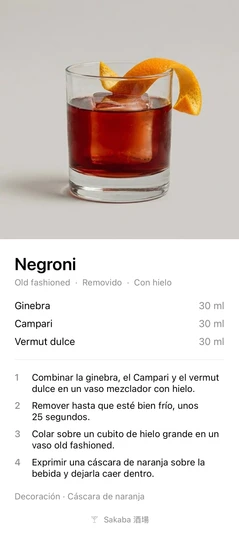 La tarjeta de receta que crea Sakaba cuando compartes un Negroni