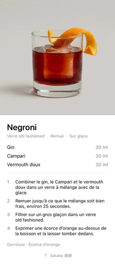 La carte de recette que Sakaba crée quand vous partagez un Negroni