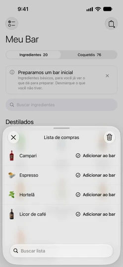 A Lista de compras com quatro itens, cada um com um botão Adicionar ao bar